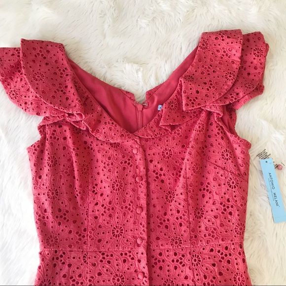 ANTONIO MELANI Cotton Eyelet Midi Dress Button Front Sleeveless Coral Size 4 New - Picture 3 of 16